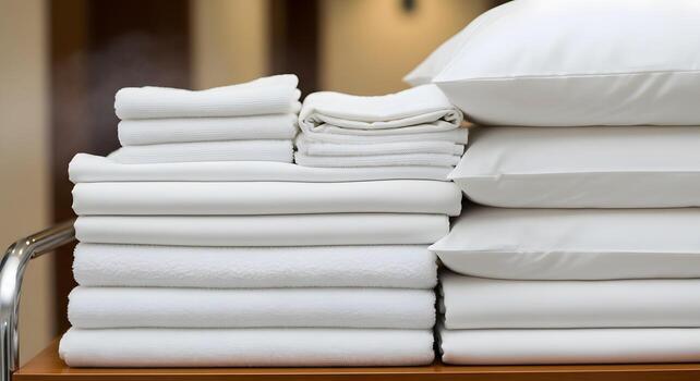 freshly laundered white linens on a hotel cart photo